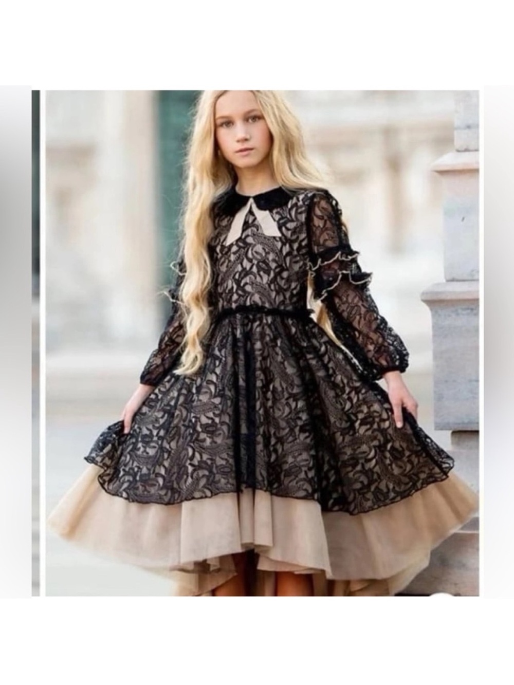 Joyfolie Girl Mia Joy Black Lace Overlay with Beige Tulle Hem Formal Dress